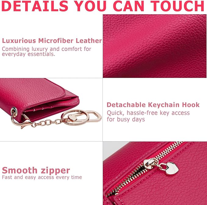 Women Small Wallet RFID Blocking Slim Wallet with Coin Pocket Tri-Fold Credit Card Holder with ID Window and Keychain (Red)