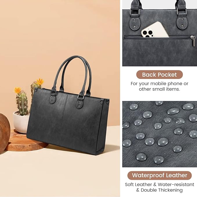 LOVEVOOK Laptop Tote Bag for Women, 15.6 Inch Large Capacity Vintage Leather Work Computer Bag, Business Casual Shoulder Handbag, Dark Grey