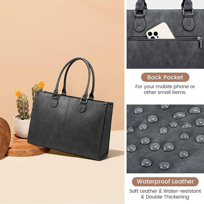 LOVEVOOK Laptop Tote Bag for Women, 15.6 Inch Large Capacity Vintage Leather Work Computer Bag, Business Casual Shoulder Handbag, Dark Grey
