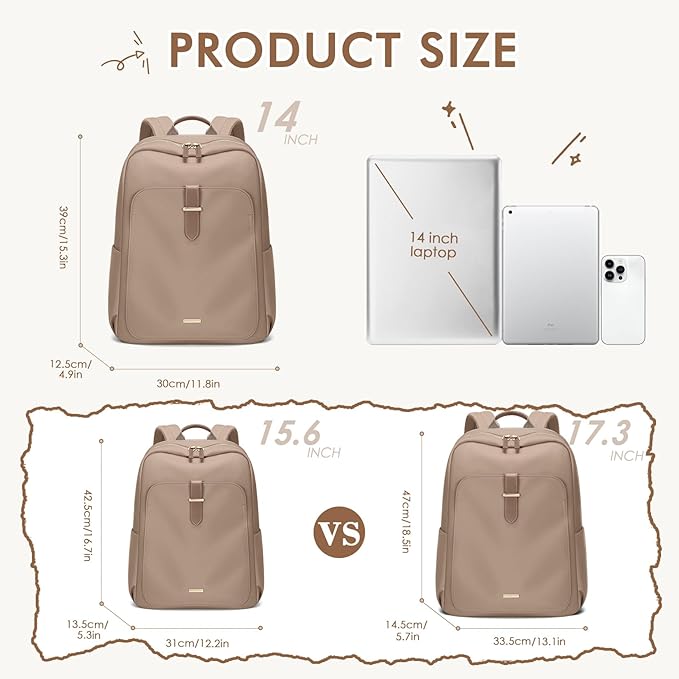 Laptop Backpack for Women,Casual Work Business Backpacks Purse Carry on Travel Backpack,14 Inch,Champagne Brown