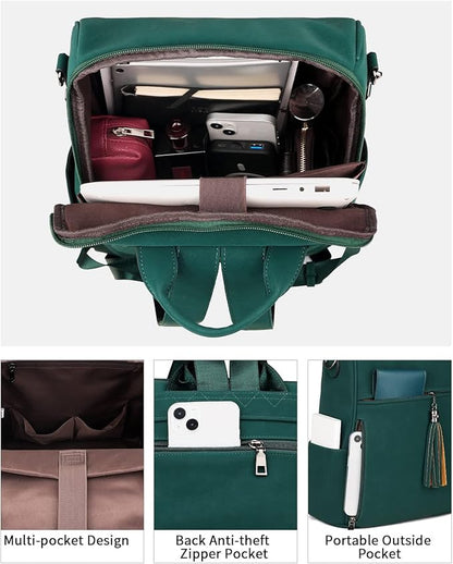 FADEON Leather Laptop Backpack for Women Designer 15.6 inch PU Laptop Bag, Ladies Travel Computer Work Backpack Green