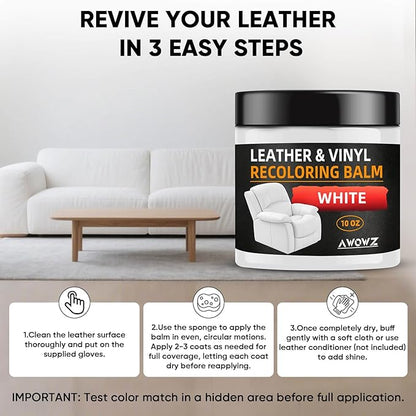 Leather Recoloring Balm - Scratch Repair & Color Restore Kit for Faded Leather, Leather Couch & Car Seats - 10OZ Leather Restorer Balm for Furniture, Auto Interior, Vinyl, Accessories (White)