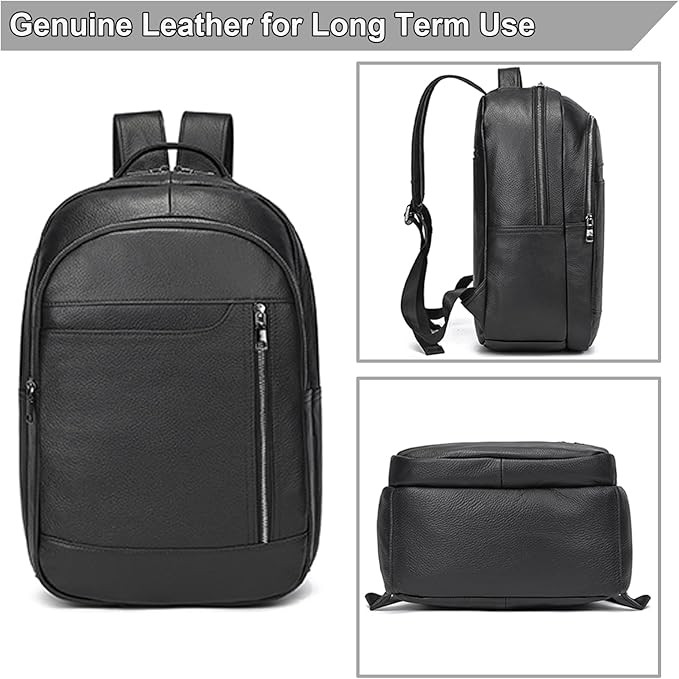 Large Capacity Black Leather Backpack for Men, 15.6 Inch Genuine Leather Laptop Backpack Business Travel Shoulder Daypacks