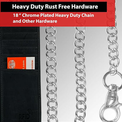 IBRO VINTAGE Motorcycle Chain Wallet for Men – Premium Cowhide Leather, RFID Tri-Fold Biker Wallet with Heavy Duty Chain for Bikers Truckers & Hunters, Credit Card Money Organizer Long Wallet | Long Trifold, RFID Blocking, Men's, Trucker Biker