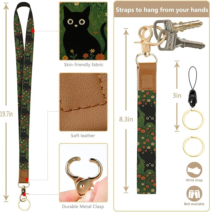 bolimoss Black Cat Lanyard Wallet with ID Badge Holder Cute Daisy Small Zipper Credit Card Holders with Breakaway Wristlet & Neck Lanyard, RFID Leather ID Name Badg for Teacher Nurse Women Work