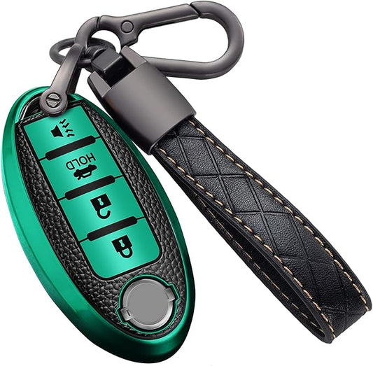 Montague Key Fob Cover for Nissan with Keychain Accessories, Premium Soft TPU Full Protection Key Case for Altima Rogue Sentra Maxima Pathfinder Frontier Titan Smart Key Shells (4-Buttons, Green)