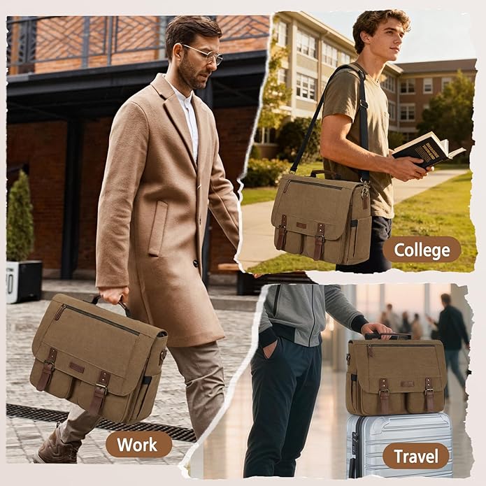 RAINSMORE Messenger Bag for Men, 15.6-17.3 inch Laptop Bag, Canvas Briefcase with Luggage Strap, Satchel for College Work