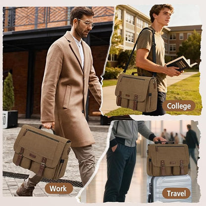 RAINSMORE Messenger Bag for Men, 15.6-17.3 inch Laptop Bag, Canvas Briefcase with Luggage Strap, Satchel for College Work