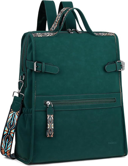 FADEON Leather Laptop Backpack for Women, Designer Ladies Work Travel Computer Backpack with Laptop Compartment Suede Green