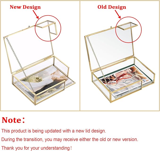 Hipiwe Gold Glass Photo Box,Vintage Photo Storage Organizer, Trinket Box Jewelry Display Organizer Keepsake Box Case Home Decor (Small)