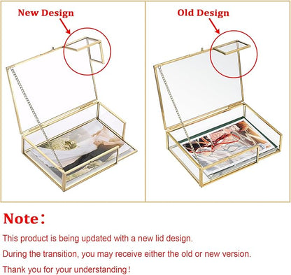 Hipiwe Gold Glass Photo Box,Vintage Photo Storage Organizer, Trinket Box Jewelry Display Organizer Keepsake Box Case Home Decor (Small)
