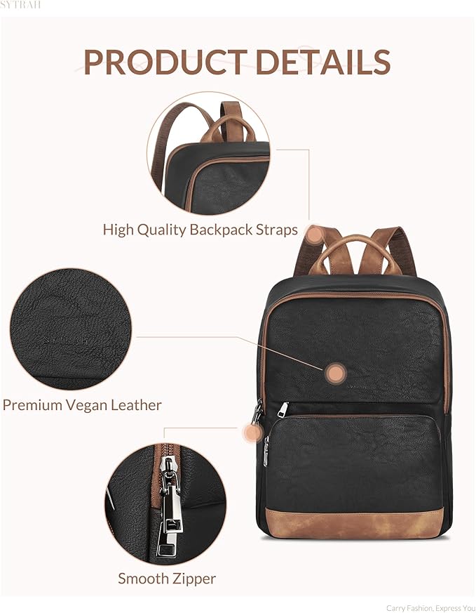 SYTRAH Leather Backpack for Women, Vintage 15.6 inch Laptop Backpack Purse for Women, College Casual Backpacks Ladies Computer Bags for Travel Business Work Black Brown