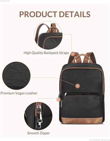 SYTRAH Leather Backpack for Women, Vintage 15.6 inch Laptop Backpack Purse for Women, College Casual Backpacks Ladies Computer Bags for Travel Business Work Black Brown
