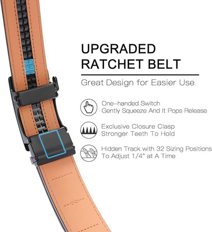 SENDEFN Men's Leather Belt - Automatic Ratchet Slide Buckle, Easy Trim-to-Fit Function, Packaged with Gift Box
