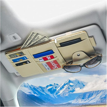Car Sun Visor Organizer, Leather Storage Pocket Sun Visor Pouch with Zipper for Cards License Registration Pen Glasses Document, Fits Most Car SUV, Auto Interior Accessories for Men Women (Beige)