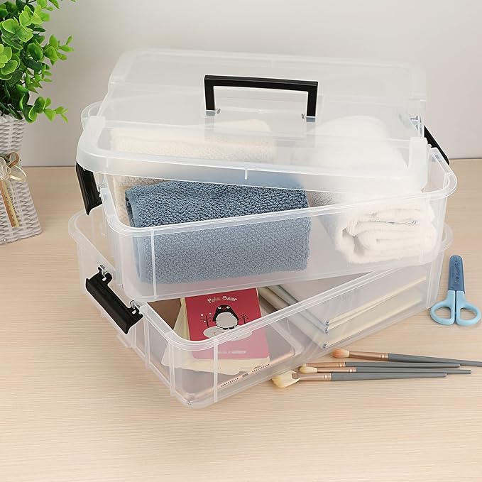 JUXYES 2-Tiers Stack Carry Storage Box With Handle, Transparent Stackable Storage Bin With Handle Lid Latching Storage Container for School & Office Supplies