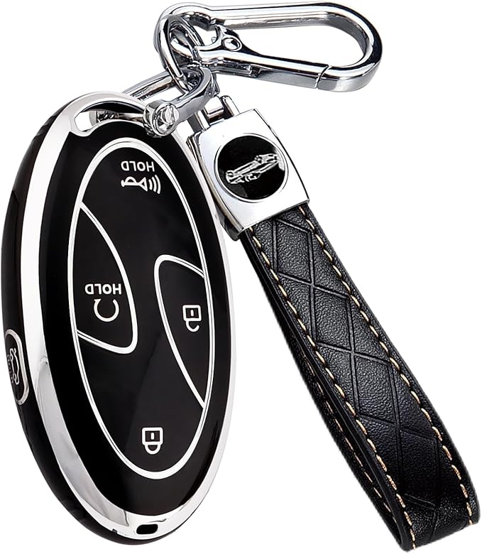 5 Buttons Compatible with Hyundai Key Fob Cover Accessories, Fits for Elanrtra Sonata Ioniq Santa Fe Santa Cruz KONA Tucson, Soft TPU Key Case with Leather Keychain (Black-Silver)
