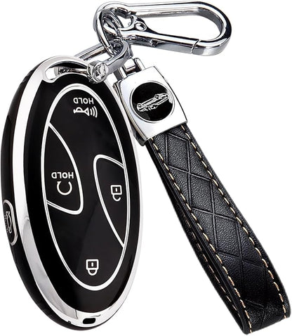 5 Buttons Compatible with Hyundai Key Fob Cover Accessories, Fits for Elanrtra Sonata Ioniq Santa Fe Santa Cruz KONA Tucson, Soft TPU Key Case with Leather Keychain (Black-Silver)