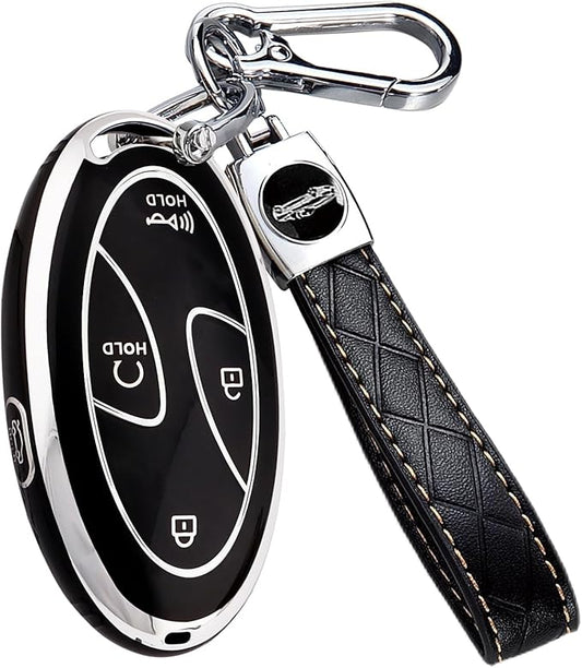 5 Buttons Compatible with Hyundai Key Fob Cover Accessories, Fits for Elanrtra Sonata Ioniq Santa Fe Santa Cruz KONA Tucson, Soft TPU Key Case with Leather Keychain (Black-Silver)