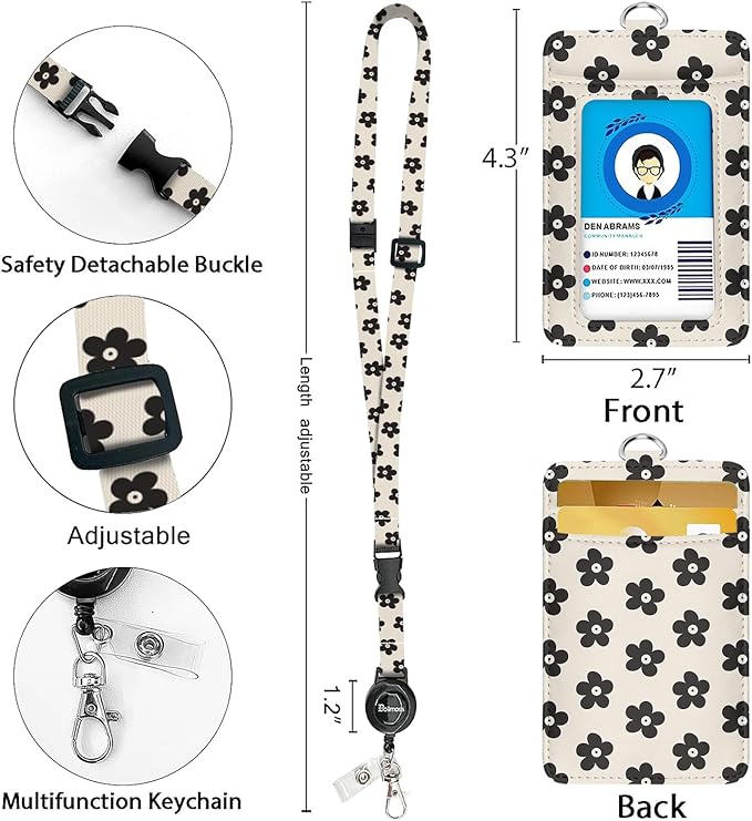 bolimoss Cute Flowers Badge Holders, Leather ID Name Badge Card Holder with Swivel Metal CLAS