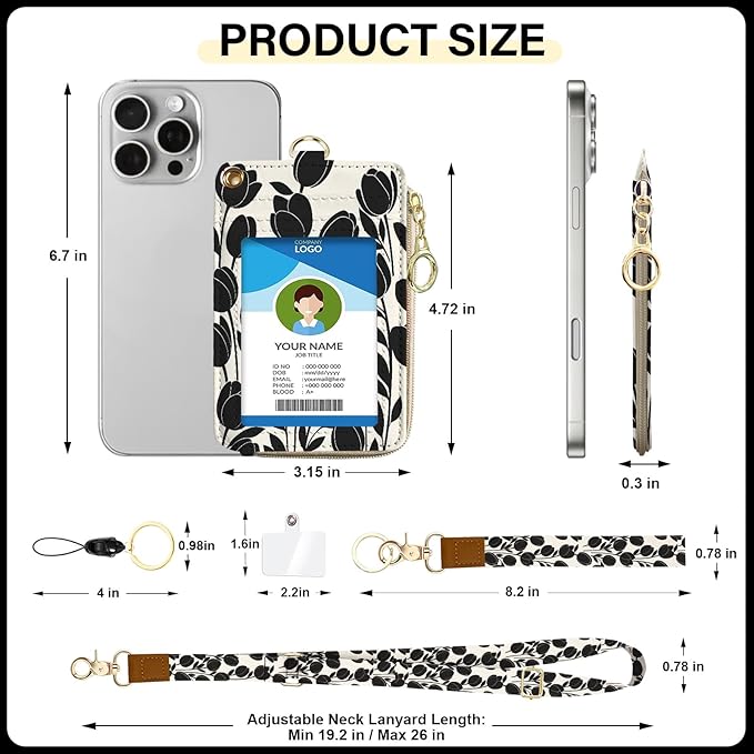 Flower Lanyard Wallet Women, Id Badge Holder with Neck & Wristlet Lanyard, Pu Leather Zipper Id Card Holder with Adjustable Lanyard, Id Badge with RFID Keychain Wallet for Women Office Gifts