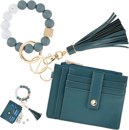 KNGITRYI Wallet Keychain Wristlet for Women,Slim RFID Credit Card Holder Purse Tassel Keychain Bangle Key Ring for Men Women