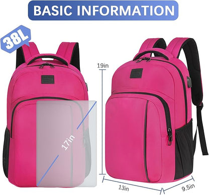 LARIPOP Carry On Backpack for Airplane, 17.3 Inch Laptop Backpack with USB Charging Port, Water Resistant Business Travel Backpack, Lightweight College School Bookbag Anti Theft for Men Women, Rose