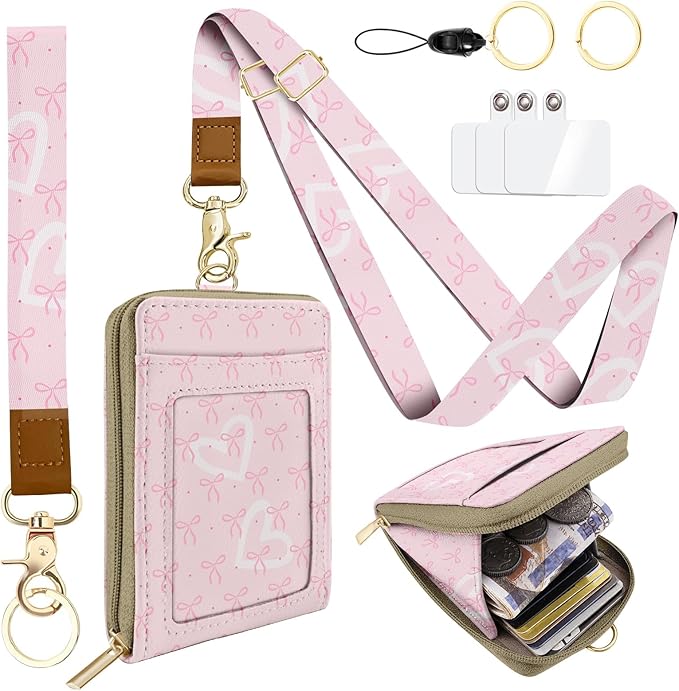 ID Badge Holder with Lanyard Leather with 1 Zip Pocket and 3 Card Slots Keychain Phone Lanyard Wrist Strap, RFID Blocking, for Office School Business Security Staff Women-Polka Dot Bow