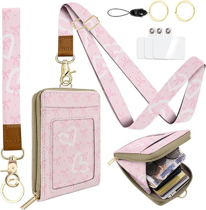 ID Badge Holder with Lanyard Leather with 1 Zip Pocket and 3 Card Slots Keychain Phone Lanyard Wrist Strap, RFID Blocking, for Office School Business Security Staff Women-Polka Dot Bow