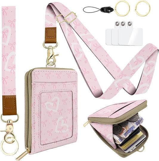 ID Badge Holder with Lanyard Leather with 1 Zip Pocket and 3 Card Slots Keychain Phone Lanyard Wrist Strap, RFID Blocking, for Office School Business Security Staff Women-Polka Dot Bow