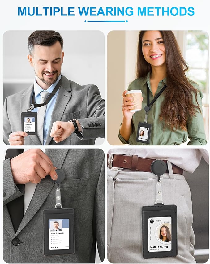 PU Leather Badge Holder with Lanyard, Black Lanyard with Retractable Reel Clips, Multiple Card Slots with Leather Snap, ID Badge Holder for Office Staff Doctor Teacher