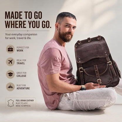 Handmade World Full Grain Leather Backpack for Men – 18 Inch Laptop Bag, Handmade Real Leather, Business Travel Work Backpack, Vintage Rucksack for Office & Carry On (Brown)