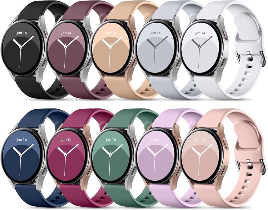 DaQin 10 Pack Bands Compatible with Samsung Galaxy Watch 7/6/5/4 40mm 44mm/Watch 6 Classic 43mm 47mm/Watch 5 Pro 45mm/Watch 4 Classic/Active 2 Band, 20mm Soft Silicone Sport Strap Wristbands Women Men