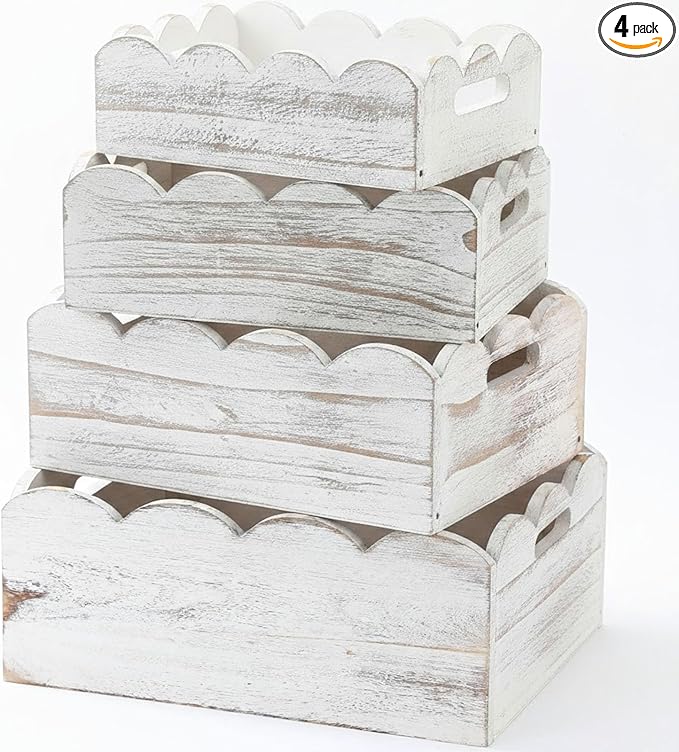 Beeveer 4 Pcs Scalloped Baskets with Handle 4 Size Wooden Countertop Storage Box Multipurpose Fruit Vegetable Crate Rectangular Decorative Serving Tray Organizer for Kitchen Bathroom Home Decor(White)