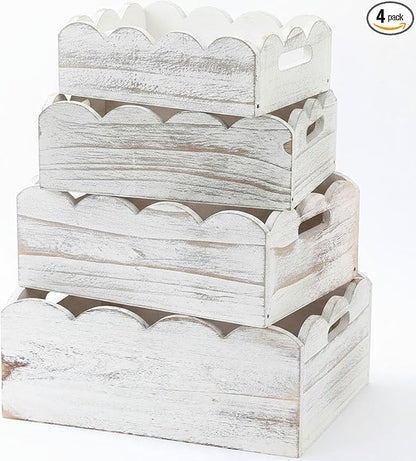 Beeveer 4 Pcs Scalloped Baskets with Handle 4 Size Wooden Countertop Storage Box Multipurpose Fruit Vegetable Crate Rectangular Decorative Serving Tray Organizer for Kitchen Bathroom Home Decor(White)