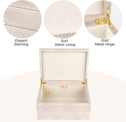 HofferRuffer Faux Leather Decorative Box, Large Wooden Structure Keepsake Box Accessory Organizer Jewelry Organizer with Hinged Lid, Storage Container for Home or Office (LightGrey Shagreen)