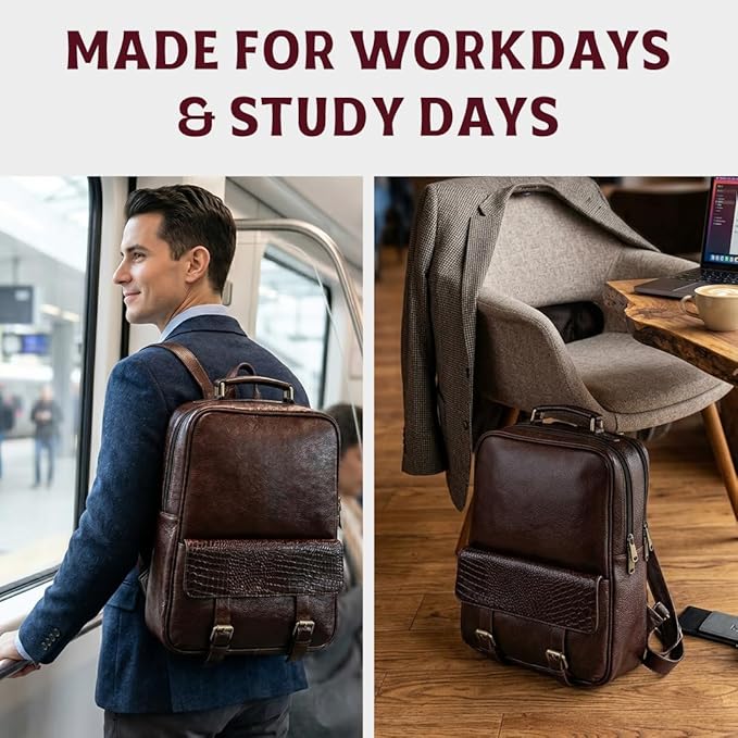 15.6" Luxury Burgundy Leather Laptop Backpack for Men & Women. Leather Bag for Professional Use in Office & Business