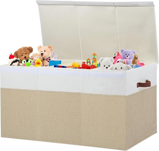Gowee Extra Large Toy Storage Box with Lid, Sturdy Toys Storage Chest Bin Organizer Basket with Dividers for Kids, Boys, Girls, Nursery, Closet, Bedroom, Playroom 35.5"x17" x17" (Beige and White)
