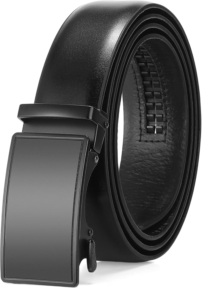 SENDEFN Men's Leather Belt Automatic Ratchet Buckle Slide Belt for Dress Casual Trim to Fit with Gift Box