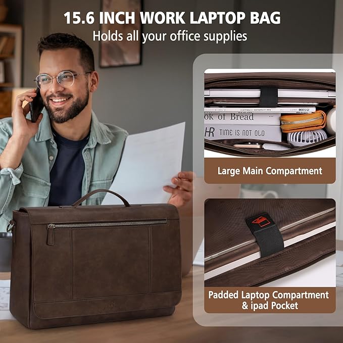 RAINSMORE Leather Messenger Bag for Men 15.6 Inch Laptop Bag Vintage Briefcase Large Computer Bag Satchel Shoulder Bag For College, Work, Business, Office, Dark Brown