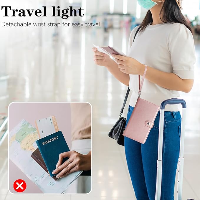 Passport Holder for Travel Essentials, RFID Blocking PU Leather Wallet Cover with Wristlet Strap Magnetic Closure Passport Book Holders Case for Women and Men, Rose Gold