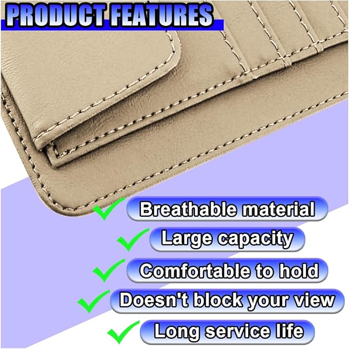 Leather Car Sun Visor Organizer, Multifunctional Auto Visor Document Holder with Sunglasses Clip, Universal Vehicle Interior Pocket Storage Accessories for Drving License, Card, Pen (Beige)