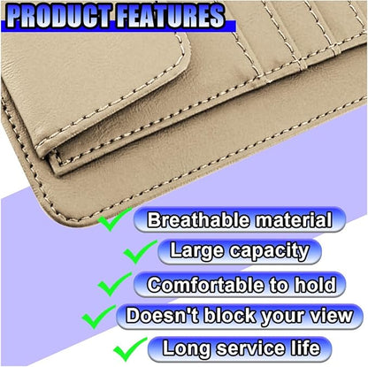 Leather Car Sun Visor Organizer, Multifunctional Auto Visor Document Holder with Sunglasses Clip, Universal Vehicle Interior Pocket Storage Accessories for Drving License, Card, Pen (Beige)