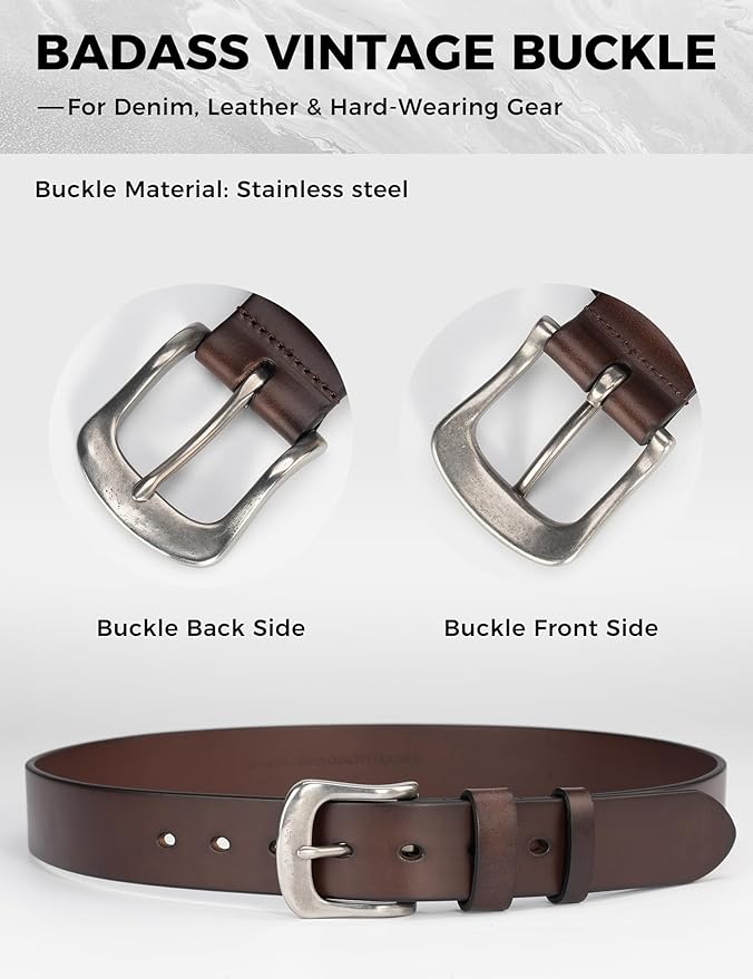 Mens Heavy Duty Full Grain Leather Belt - 1 1/2 Italian Genuine Leather with Sturdy Buckle for Jeans Casual Pants