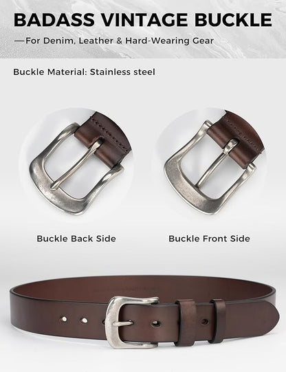 Mens Heavy Duty Full Grain Leather Belt - 1 1/2 Italian Genuine Leather with Sturdy Buckle for Jeans Casual Pants
