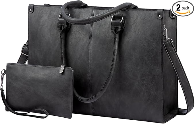 LOVEVOOK Laptop Tote Bag for Women, 15.6 Inch Large Capacity Vintage Leather Work Computer Bag, Business Casual Shoulder Handbag, Dark Grey