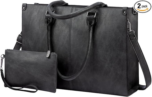 LOVEVOOK Laptop Tote Bag for Women, 15.6 Inch Large Capacity Vintage Leather Work Computer Bag, Business Casual Shoulder Handbag, Dark Grey