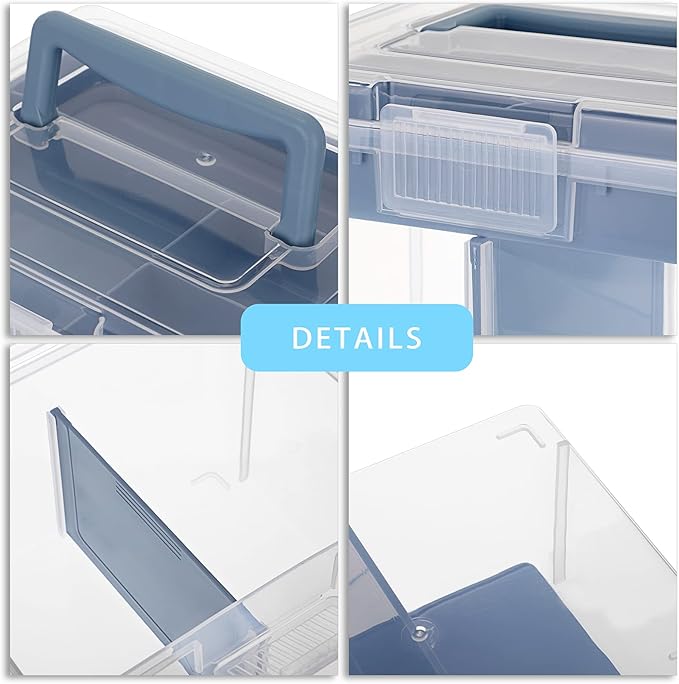 BTSKY 2 Layer Clear Plastic Dividing Storage Box with Removable Tray Multipurpose Stationery Storage Box with Handle Portable Sewing Box Art Craft Supply Organizer Home Utility Box (Big Blue)
