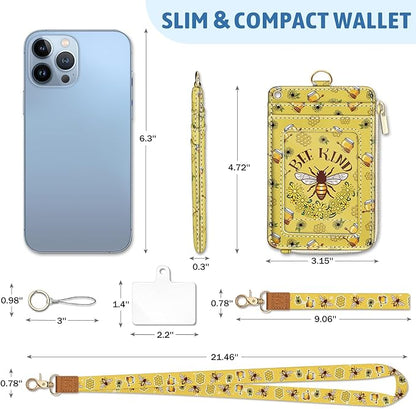 Piefly Bee Kind Lanyard Wallet with ID Badge Holder, Small RFID Wallet Women Keychain Wristlet, Slim Credit Card Holder Case with Zipper Pocket Phone Lanyard Wrist Strap Name Tag Office Teacher Gift