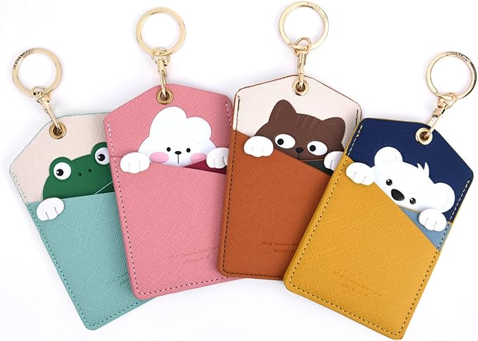 PU Leather ID Badge Holder with Keychain - Cartoon Animal Cute ID Badge Holder, 3 Card Slots for Professionals, Students, Nurse Officer, School Women Girls Boys (Yellow)